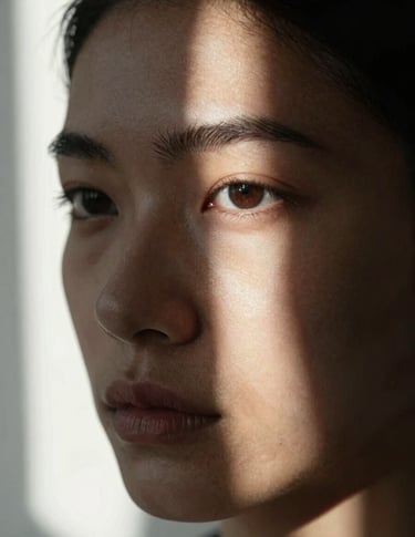 Tight editorial portrait study, subject's face partially in shadow, one eye lit by a narrow shaft of north-facing window light, stark white background, no expression of warmth — stillness and interiority