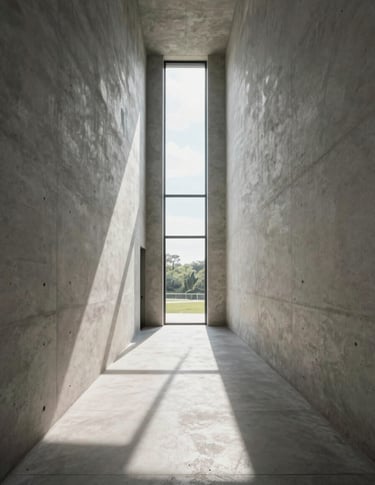 Wide interior architectural shot of a modernist concrete hallway, north-facing daylight entering from a tall narrow window at the far end, long geometric shadows stretching across the floor, no people, symmetrical framing