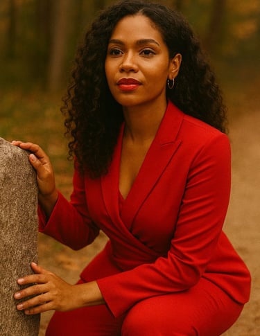 Candee LD'vine kneeling near a rock in awe of God's beauty, nature