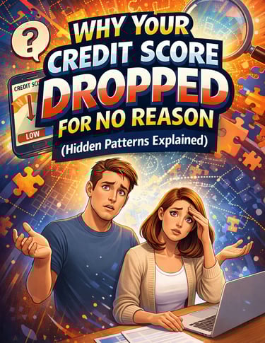 Bold, high-energy blog cover image with large, dynamic text reading “Why Your Credit Score Dropped f