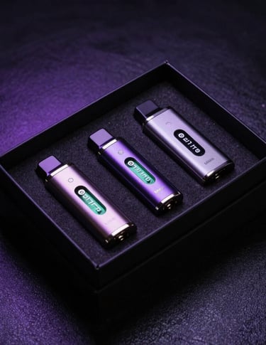 A premium black gift box containing premium metallic vape accessories with subtle green Elfbar accents, set against a dark obsidian texture with neon violet reflections, Middle Eastern / Dubai Gulf Region luxury styling.