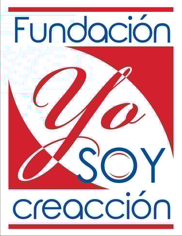 Fundación Yo Soy Creacción logo featuring blue text and red abstract shapes.
