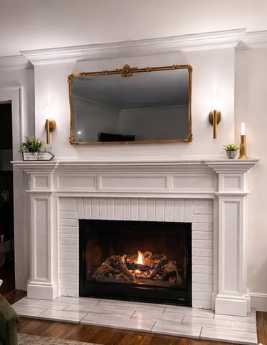Completed custom white fireplace mantel in Monmouth County NJ