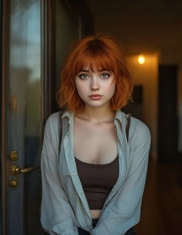 ritratto generato con IA del personaggio di fantasia Claudie di Ophelio, che aspetta sulla porta