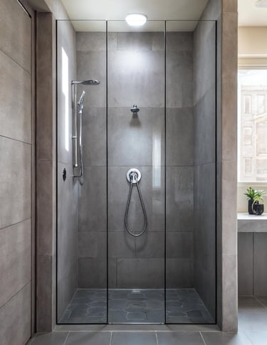 Dark‑grey frameless shower with hexagonal floor tiles ,style of frameless shower FixShowers services