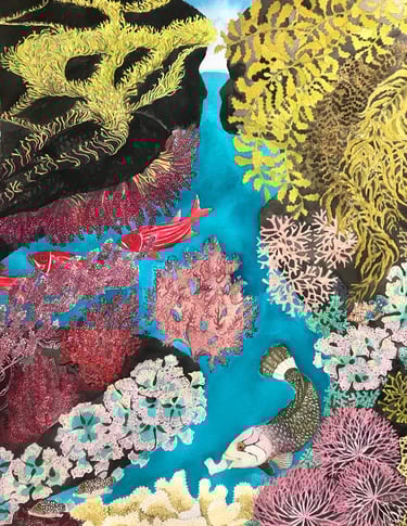 A painting of native limu (seaweed) and whimsical native reef fish of Hawaii.