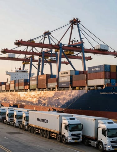 A large cargo ship being loaded by gantry cranes at a busy maritime shipping port with transport trucks.
