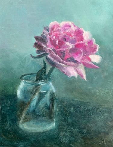 An original oil painting of a single pink garden rose in a small glass jar