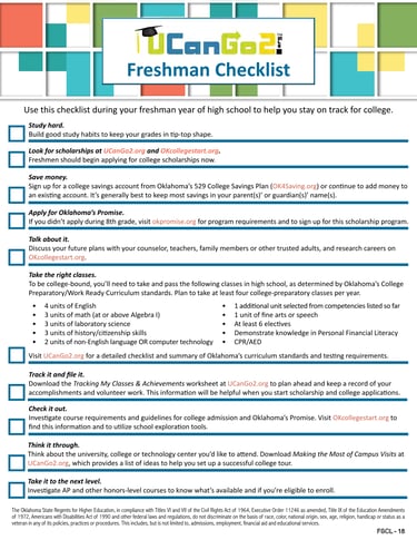 Freshman Checklist. Click to view a larger version.