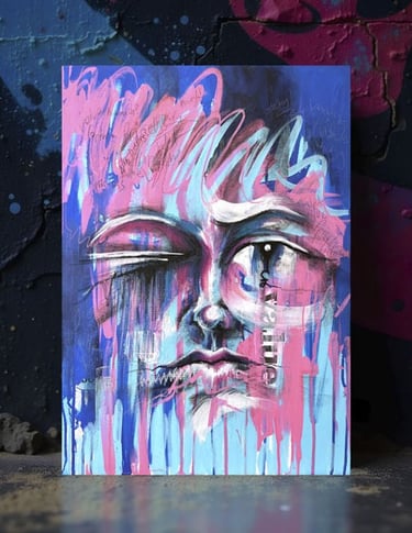 A blue abstract painting called Face Value that I sold for 10K Monopoly Money