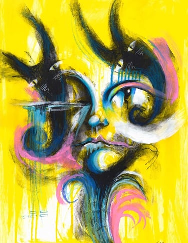 Shadown of Doubt yellow abstract face painting part of the Doubt Painting Series by Tara Roskell