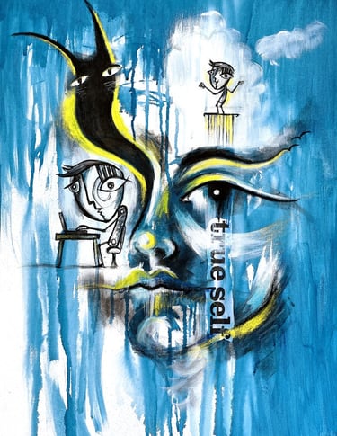 True Self a blue painting with a doubt creature part of the Doubt Painting Series by Tara Roskell