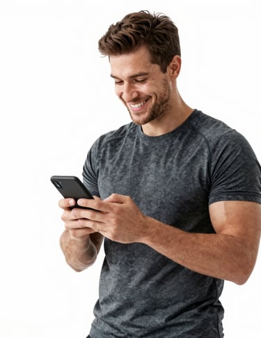 Smiling man in fitness apparel using a smartphone with an armband and wireless earbuds.