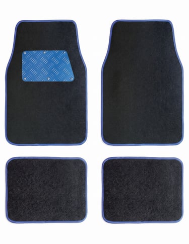 A four-piece set of black carpet car floor mats with blue trim and a metallic driver's heel pad.