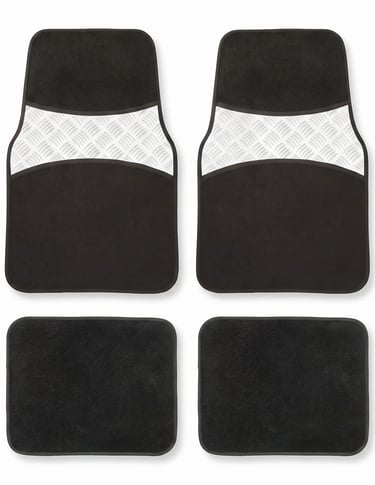 Set of four black carpet car floor mats with silver diamond plate trim for vehicle interior protection.
