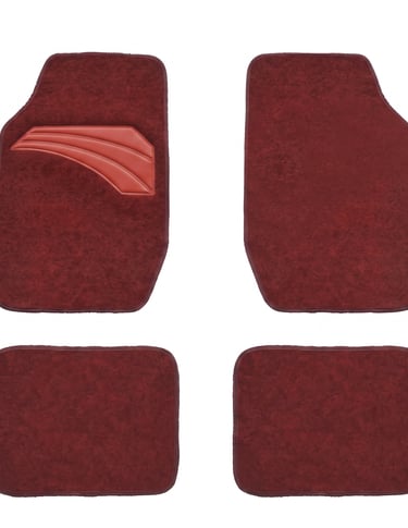 Set of four plush maroon car floor mats with a red heel pad for interior vehicle protection.