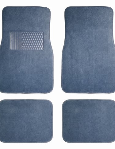Set of four universal blue carpet car floor mats with a durable driver side heel pad.
