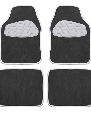 Four piece set of black carpet car floor mats with grey heel pads and white trim for vehicle interior protection.