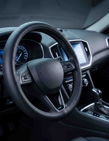 Black perforated leather steering wheel inside a modern car interior with digital dashboard display.