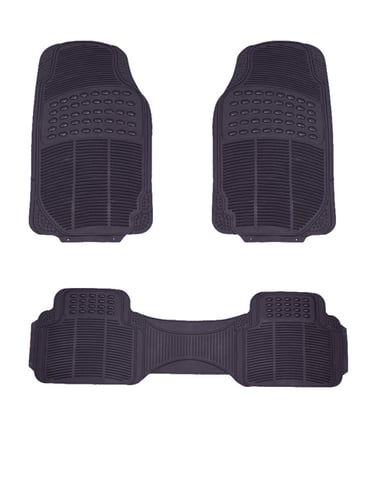 Three piece set of black heavy duty universal rubber car floor mats for front and rear vehicle protection.