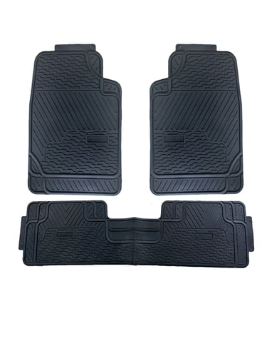 Set of black heavy-duty rubber car floor mats including front and rear protection for vehicles.