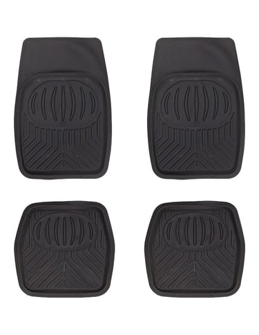 Set of four heavy duty black rubber car floor mats with universal fit and anti-slip ridges.