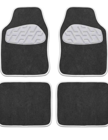 Set of four black universal carpet car floor mats with grey heel pads and white trim for vehicle interior protection.
