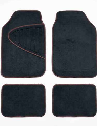 A set of four black carpet car floor mats with red stitching for vehicle interior protection.