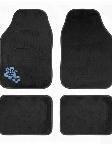 A set of four black carpet car floor mats featuring a blue hibiscus flower design on the driver's side mat.