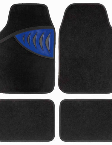 Four-piece black carpet car floor mat set featuring a blue metallic heel pad for vehicle interior protection.