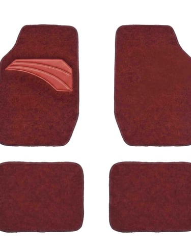 Set of four burgundy carpet car floor mats with a red heel pad for interior vehicle protection.
