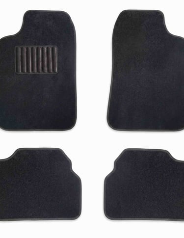A four-piece set of universal black carpet car floor mats with a durable driver's side heel pad.
