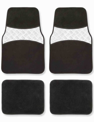 Set of four black universal car floor mats with silver metallic diamond plate pattern accents.