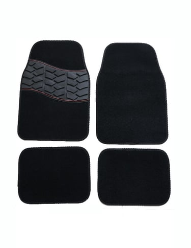 A set of four black universal car floor mats with a durable rubber heel pad on the driver side mat.