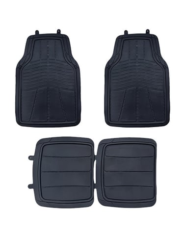 Set of four black heavy duty rubber car floor mats for all-weather vehicle protection.