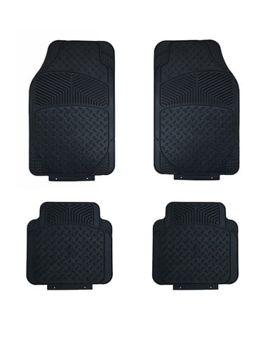 Set of four heavy-duty black rubber car floor mats with all-weather non-slip tread design.