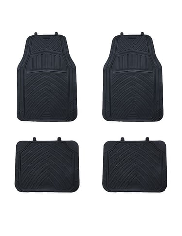 A four-piece set of durable black rubber car floor mats with heavy-duty chevron tread patterns for vehicle interior