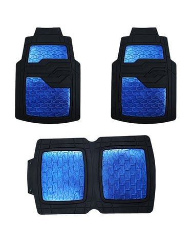 Three-piece set of heavy-duty black and metallic blue rubber car floor mats for vehicle interior protection.