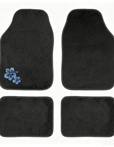 A four-piece set of black carpet car floor mats featuring a blue hibiscus flower design.