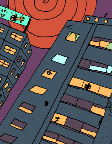Illustration des immeubles de la cité de Krooshnool, dessiné par Matteo Benmhad