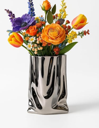 Silver liquid-chrome ceramic vase with bright floral arrangement, luxury statement décor piece.