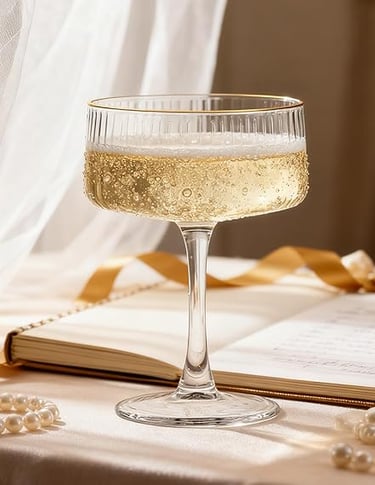 Set of clear wine glasses with elegant gold rims on a styled dining table.
