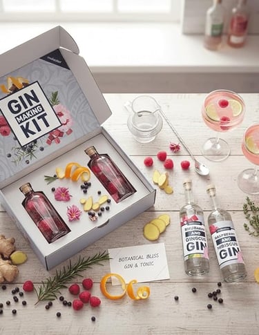 Gin-making kit with botanicals and bottles, creative homemade gin gift set.