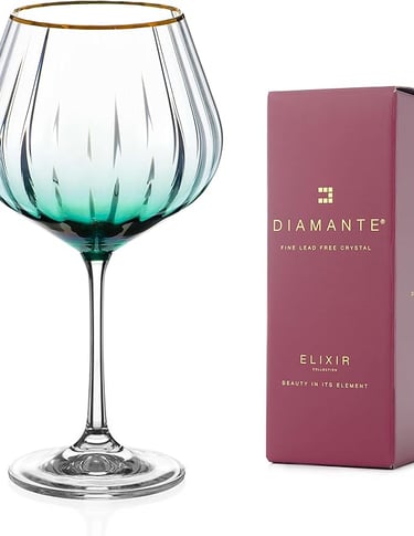 Tall green-tinted wine glass with gold rim, elegant luxury stemware.