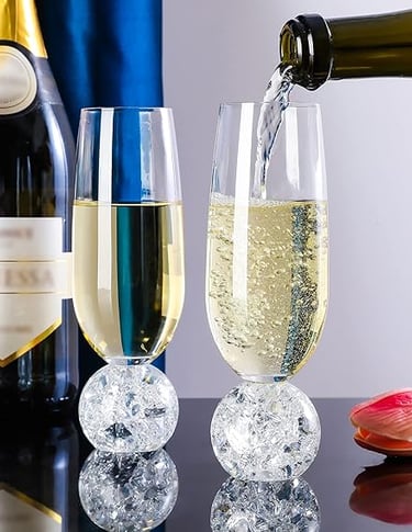 Set of four modern champagne flutes with textured glass and gold accents.