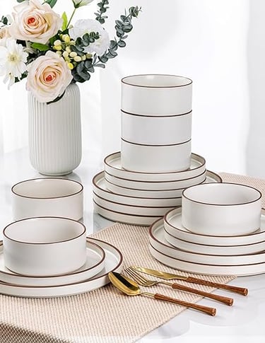 Neutral stoneware dinner set with smooth rounded shape, elegant everyday tableware.