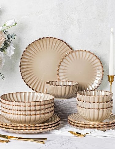 Neutral stoneware dinner set with ribbed design, rustic beige plates and bowls.