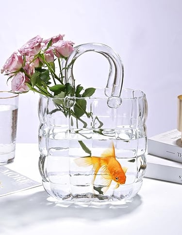 Clear glass handbag-style vase with fresh flowers, modern decorative table vase.