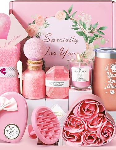Pink pamper bath set with rose soaps and self-care accessories, relaxing gift idea.