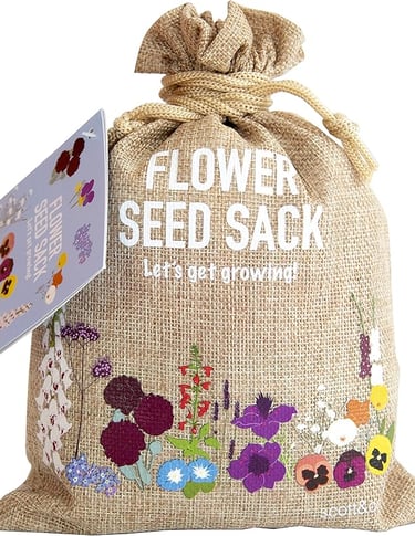 Flower seed gift sack with illustrated designs, pack of mixed flower seeds for gardening.